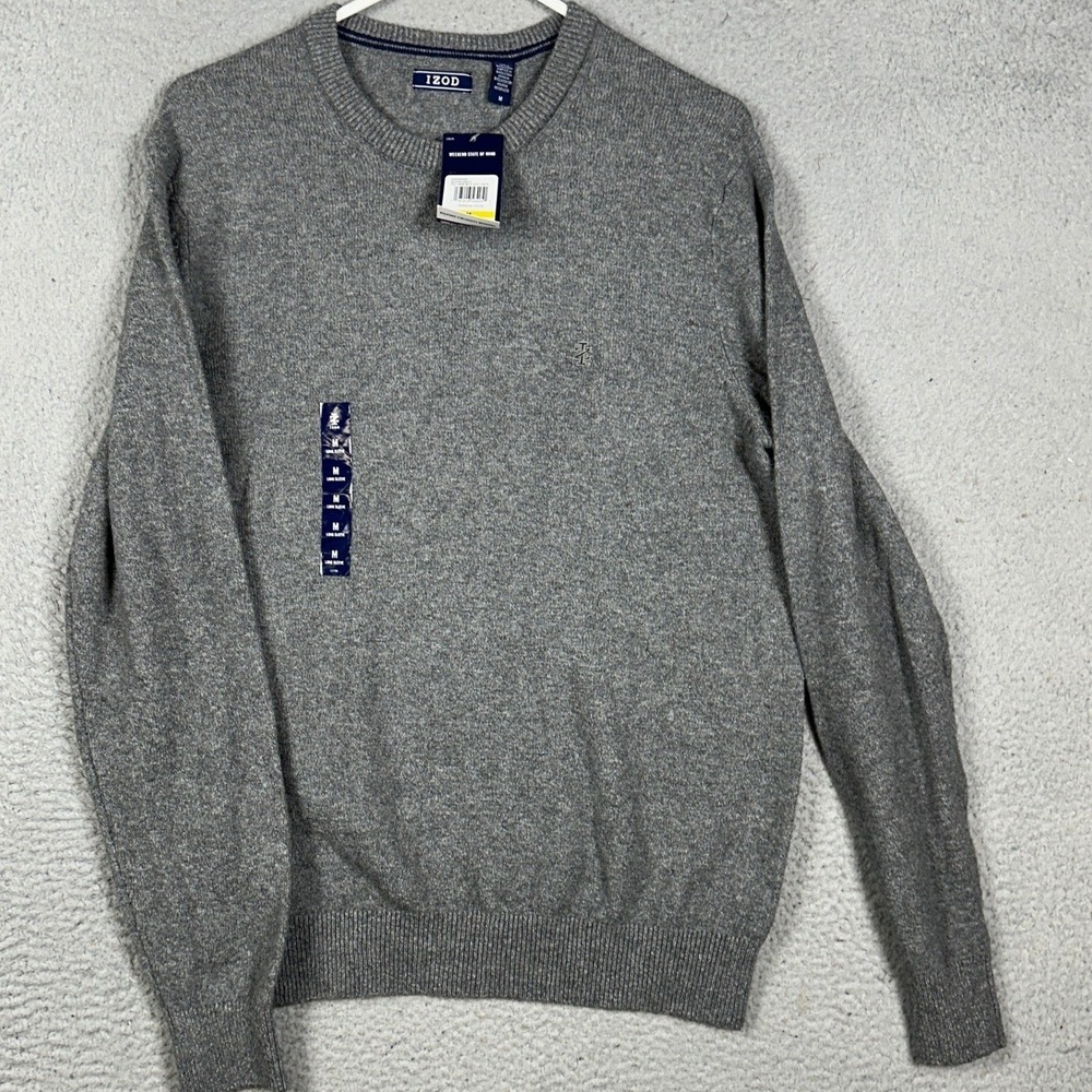 NEW IZOD Sweater Mens Medium Grey Crew Neck Soft Pullover Long Sleeve Stretch